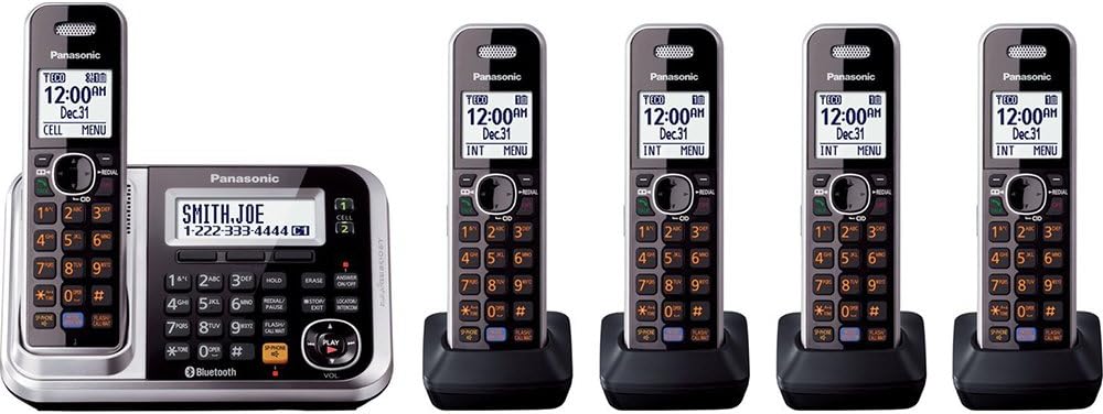 Panasonic Bluetooth Cordless Phone KX-TG7875S Link2Cell with Enhanced Noise Reduction & Digital Answering Machine - 5 Handsets (Black/Silver)