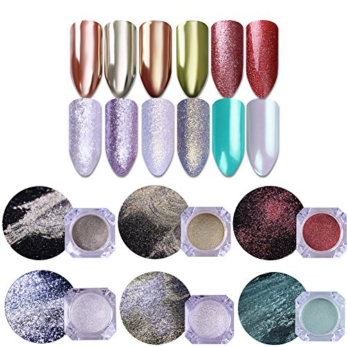 NICOLE DIARY 6 Boxes Nail Powder Kit Nail Art Glitter Chrome Pigment Pearl Powder Shining Rose Gold Powder + 8 Pcs Eyeshadow Brush Kit Replacement