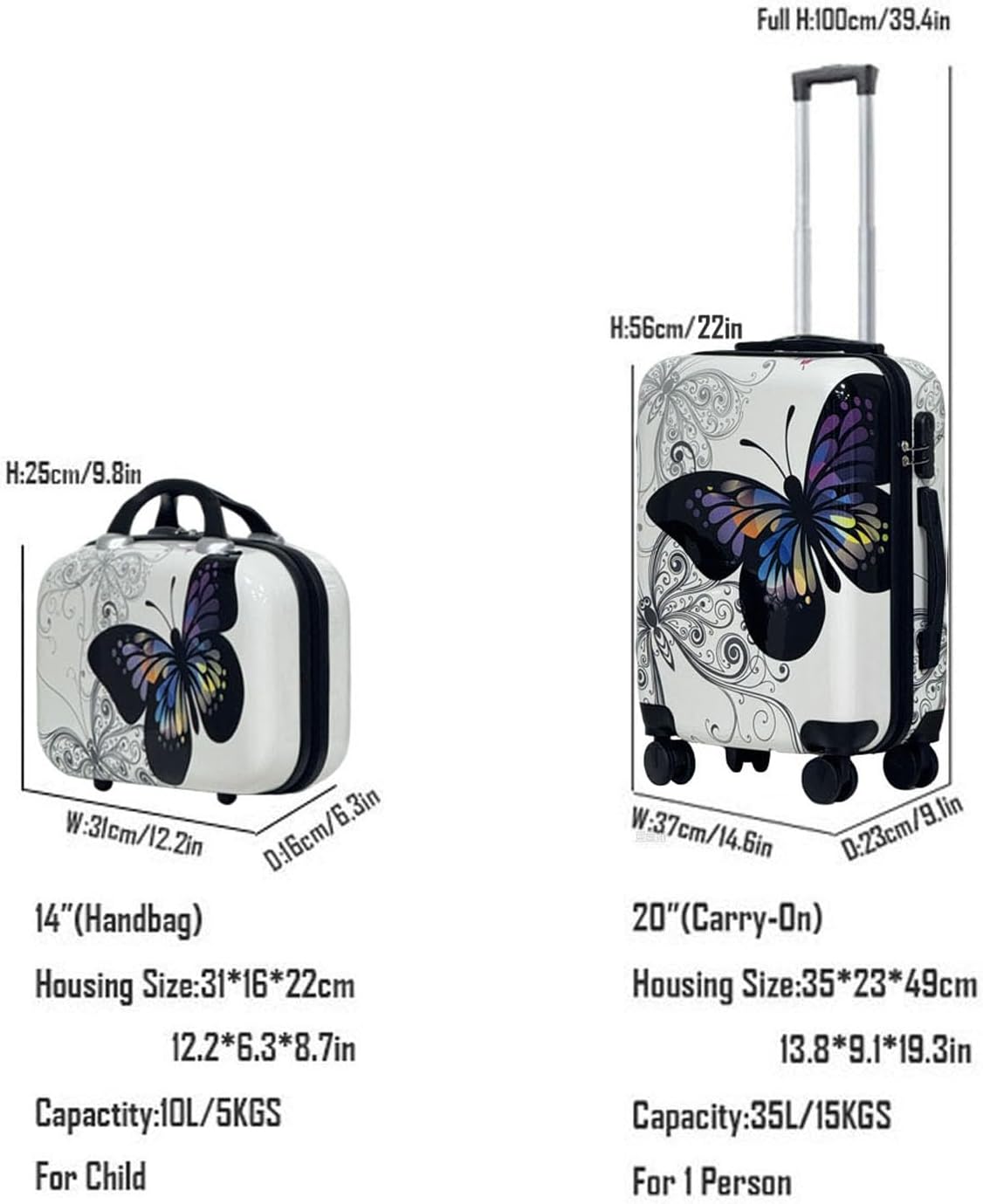 2-Piece White Butterfly Print Luggage Set (20" Carry-On + 14" Handbag), Hard Shell ABS+PC Suitcase with 360° Spinner Wheels & Combination Lock (White)