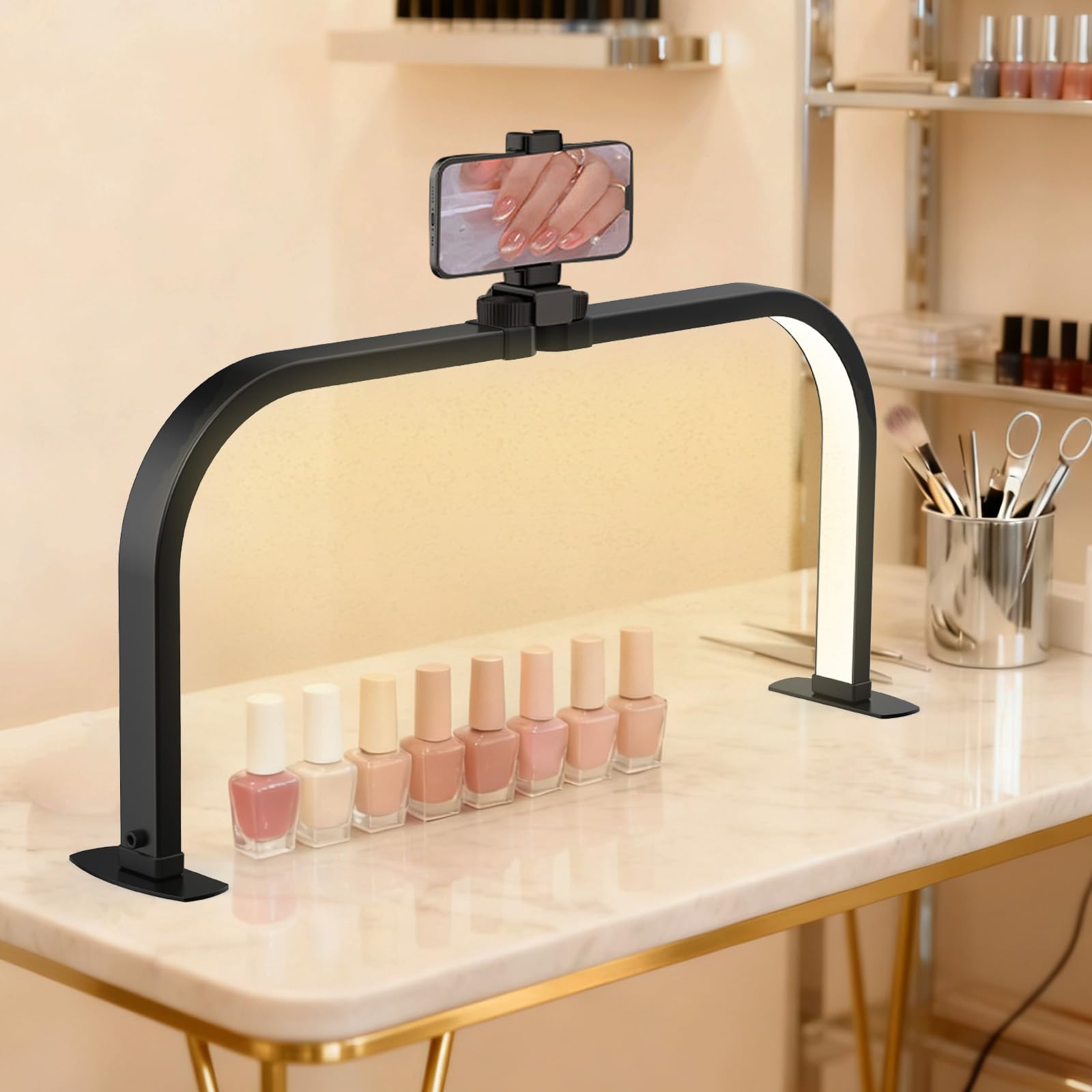 70CM Halbmond Lampe Nägel, 40W Faltbar Nageltisch Lampe, Halbmond Lampes mit Handyhalterung 3000-6500K Einstellbares Licht für Wimpern Maniküre Tätowieren (Black)