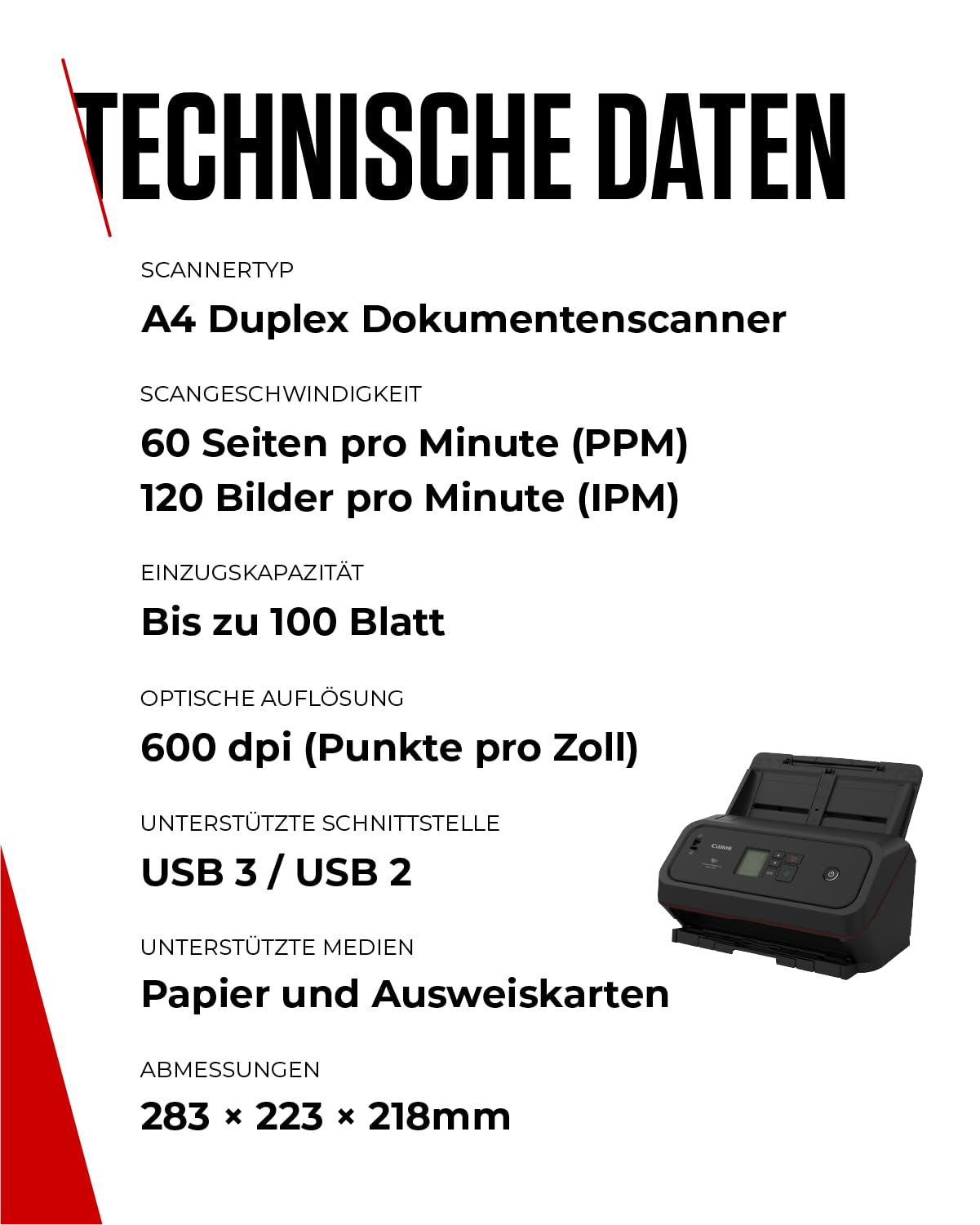 Canon imageFORMULA DR-C360 Kompakter A4-Dokumentenscanner, Duplex