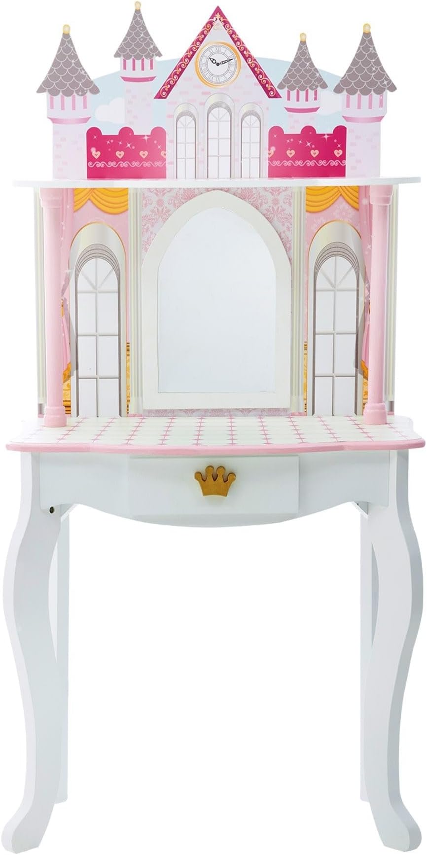 Teamson Kids Dreamland Princess Play Vanity Set with Mirror, Shelf, Storage Drawer, Stool, and Accessories for 12" Dolls, White an Pink