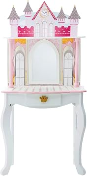 Teamson Kids Girls Princess Vanity Set with Mirror Matching Stool Castle Background Dollhouse Furniture White/Pink