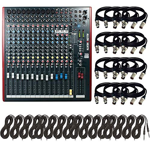 Allen & Heath ZED-16FX 16-Channel Recording and Live Sound Mixer with FX & USB + (16) XLR to XLR Cables 15FT Ea + (16) TRS to TRS Cables 15FT Ea