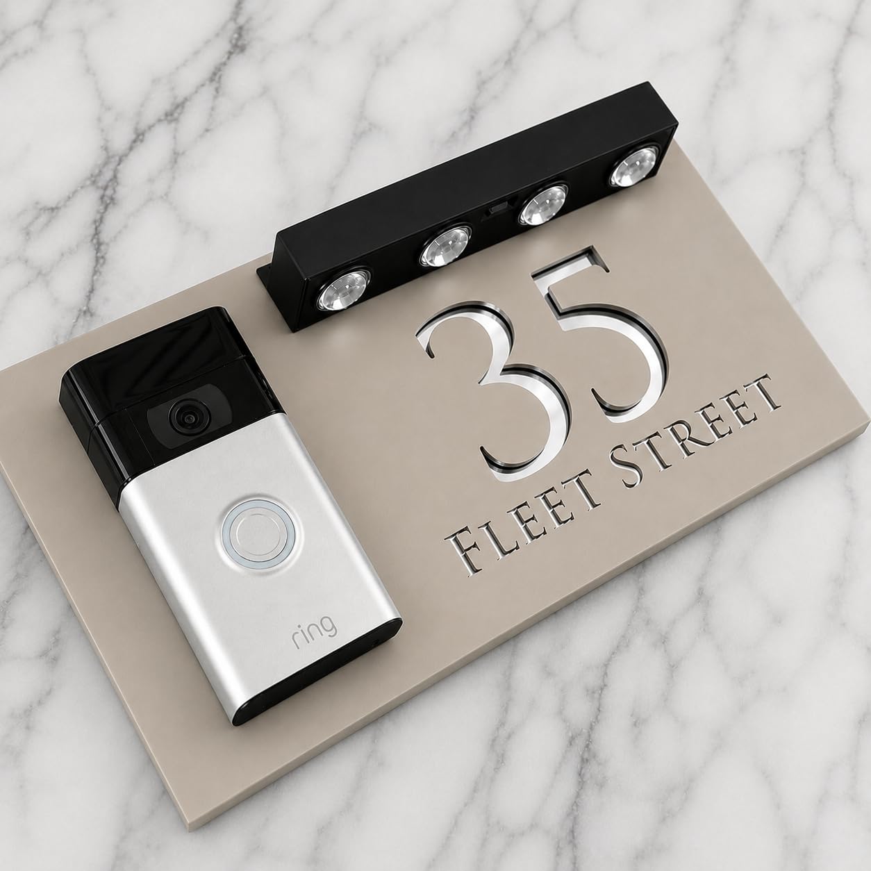 K Smart Sign | Bellissima LED DOORBELL F32 | Personalised House Doorbell Solar LED Signs 3d Door Numbers Street Address Number Plaques | 300mm x 160mm (White & Silver Mirror)