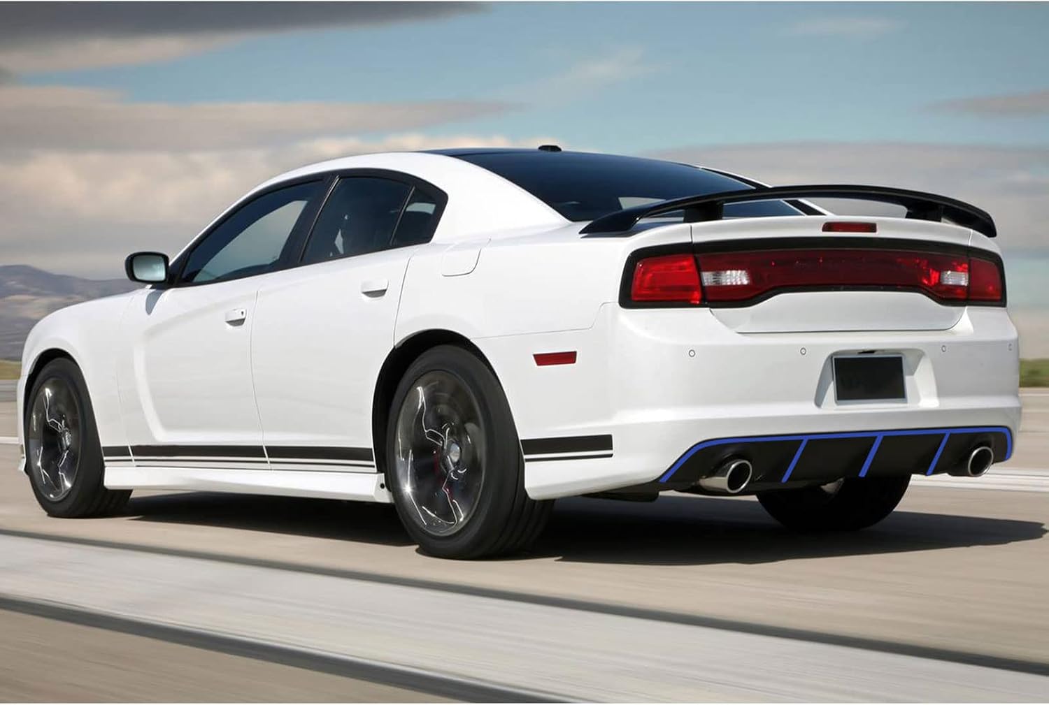 FREEMOTOR802 Compatible with 2012-2014 Dodge Charger SRT8 Rear Bumper Lip Diffuser w/Blue Reflective Tape, Factory Style PP Splitter Spoiler Add-On Lower Valance Bodykit