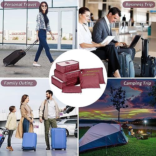 Image of 6 in 1 Polyester Secret Pouch Travel Bag Packing Cubes Laundry Bag with Undergarments & Cloth Storage Organizer Travelling Set /Suitcase Bag (WINE RED)