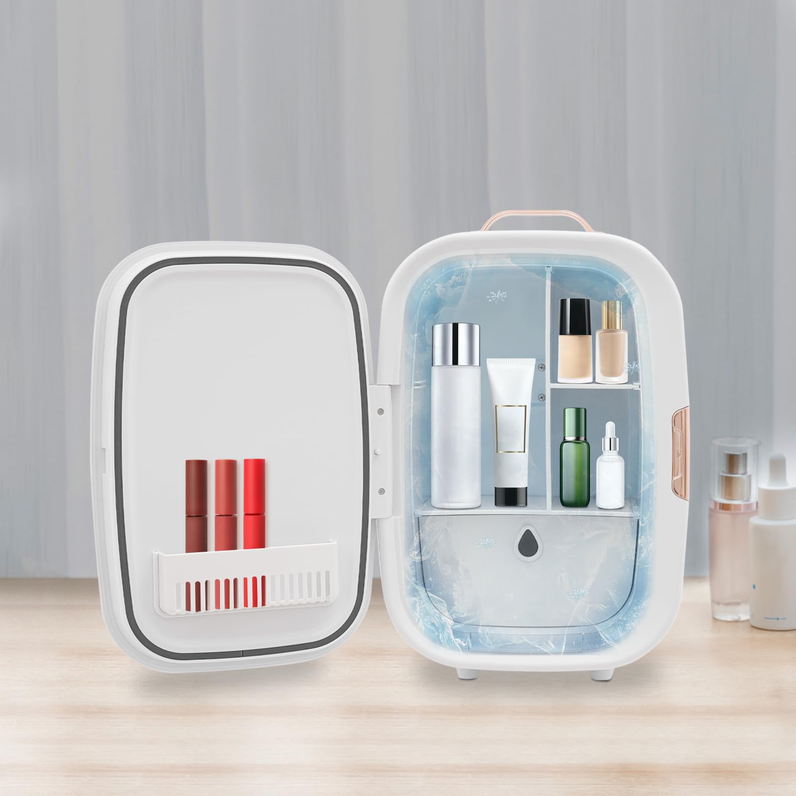 Kosmetik-Kühlschrank, 12 l, mit Schublade, zwei Trennwänden, Netzdesign, kleiner Kühlschrank für Hautpflege, Aufbewahrung von Gesichtsmasken, Parfums, Lotionen, Stärkungsmittel (weiß)