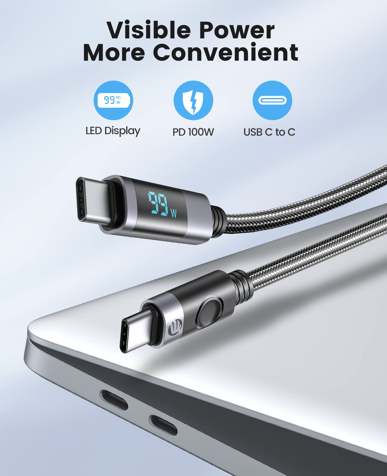 ORICO Cavo da USB C a USB C, display a LED PD100 W, cavo di sincronizzazione a ricarica rapida, cavo USB C compatibile con MacBook Pro/Air, Galaxy S22/S21/S20 Ultra, Note 20/10, iPad Pro Air