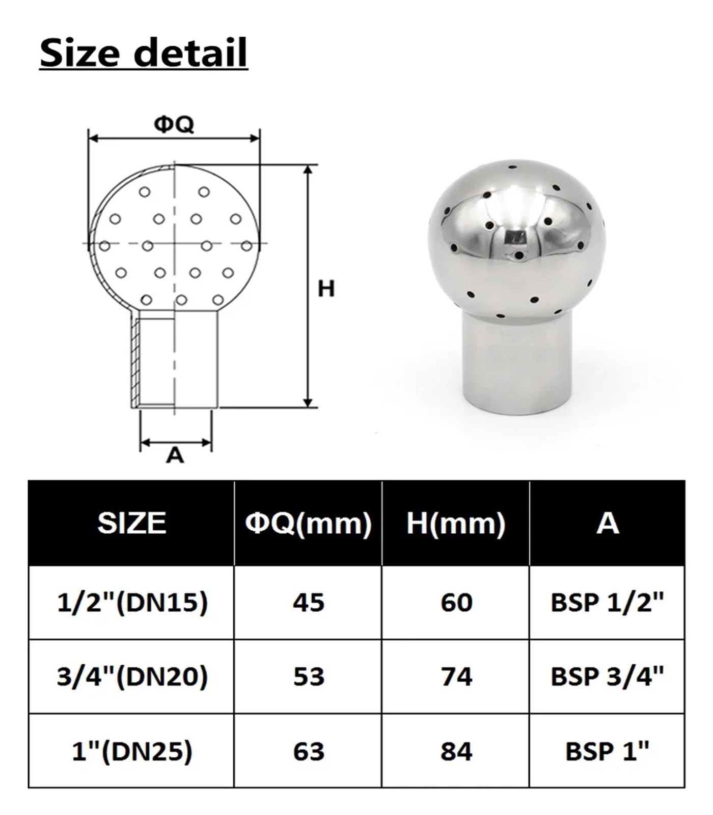 B*SP 1/2" 3/4" 1" SUS304 Gwint wewnętrzny, głowica czyszcząca ze stali nierdzewnej, stała dysza natryskowa , akcesoria sanitarne do domowej roboty DN15 20 (3/4")