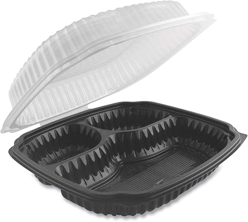 Anchor Packaging Culinary Lites Contenedor de 3 compartimentos para microondas, 20 onzas, 5 onzas, 9 x 9 x 3.13, transparentenegro, plástico, 100