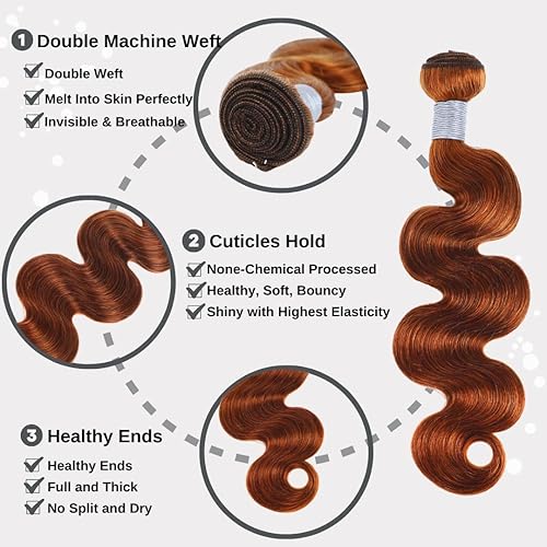 Miniatura 3 de ALHER Manojos de cabello humano ondulado de color marrón rojizo 10A, cabello ondulado brasileño virgen Remy castaño cobrizo, cabello ondulado suave