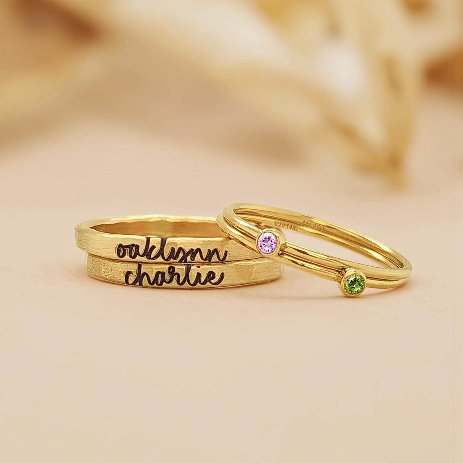 Custom Birthstone Set Rings for Women, Personalized 18K Gold Plated Name Rings Jewelry Birthday Gifts for Women