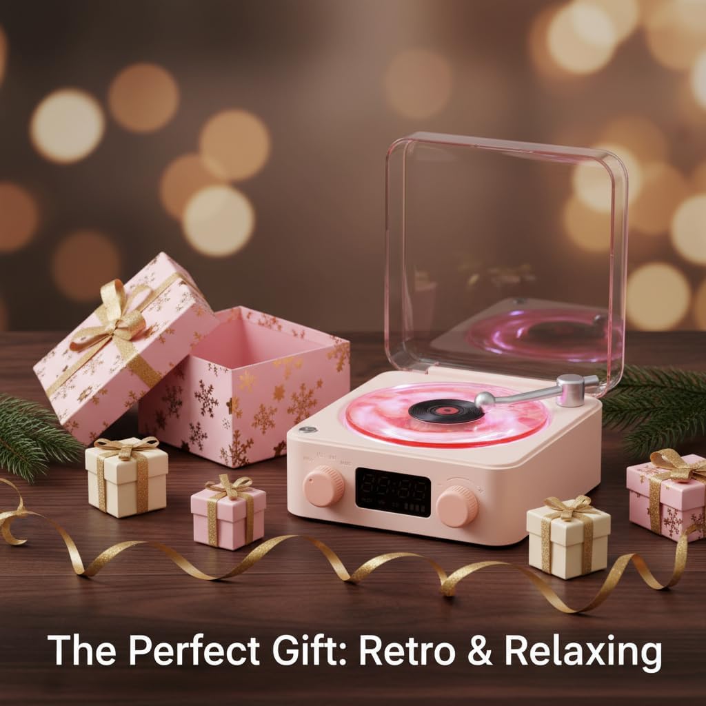 Waves Vinyl Bluetooth Speaker Pink,Mini Record Player Style Speakers with Ocean Sound White Noise, Retro Bluetooth Speakers Cute with Light and Timer Gifts for Girls Women Valentine's Day Party Favor