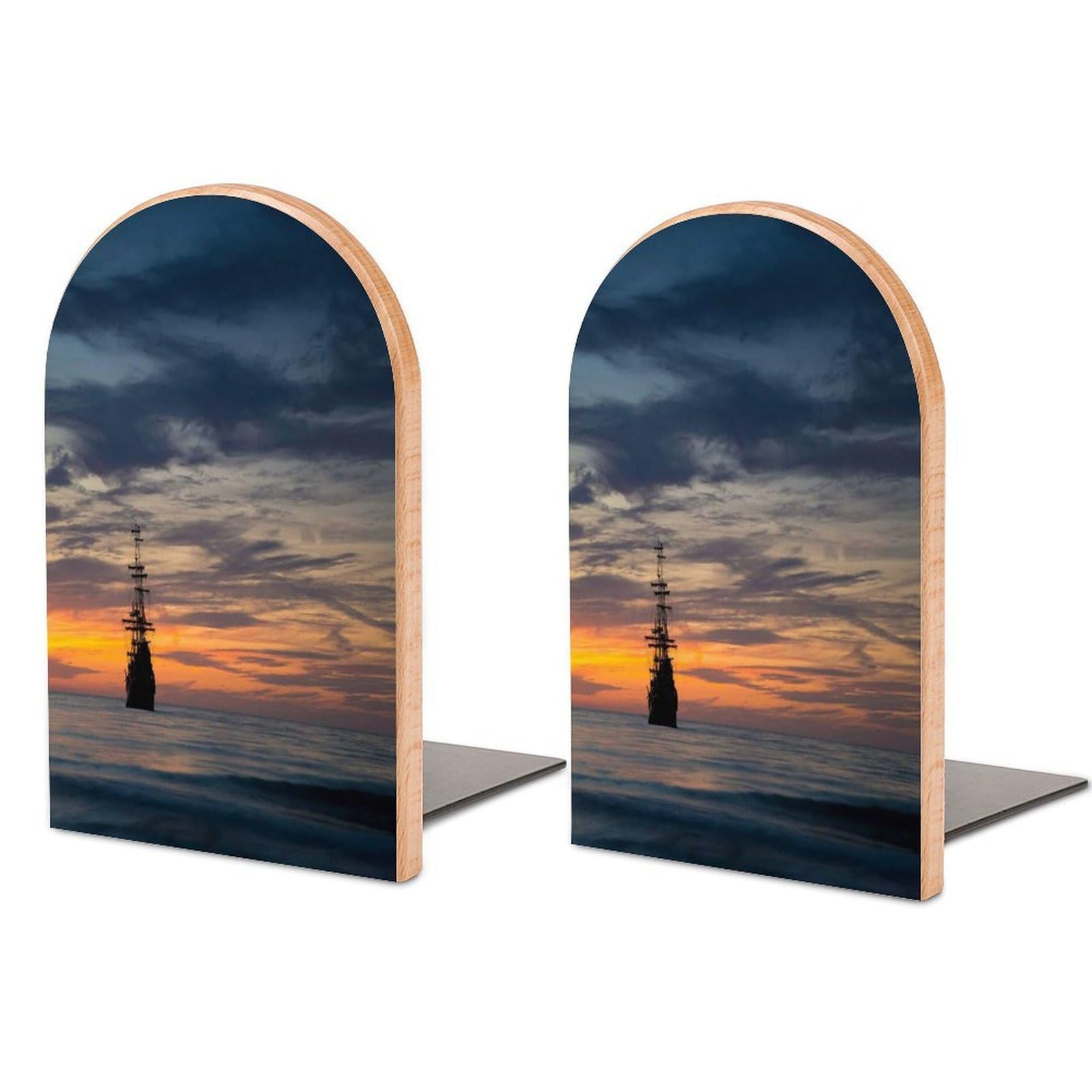 Pirate Ship in Sunset Scenery Beech Wood Bookends Heavy Duty Book Organizers Desktop File Holder for Office Home Bookshelf
