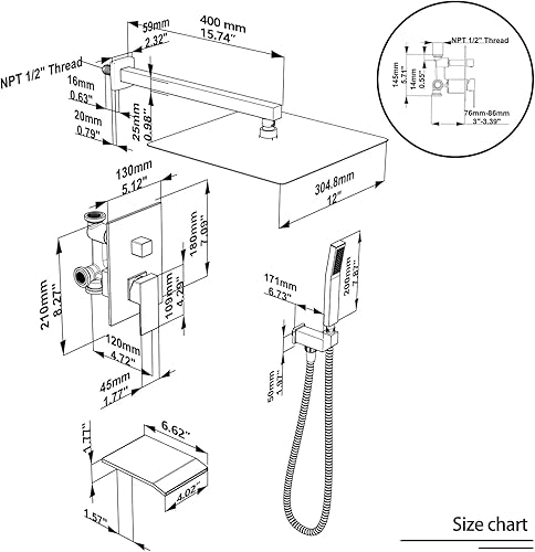 Miniatura 7 de Sistema de ducha de lluvia, juego de grifo de ducha de 12 pulgadas con boquilla de bañera, juego de grifos de ducha de cascada montado en la pared
