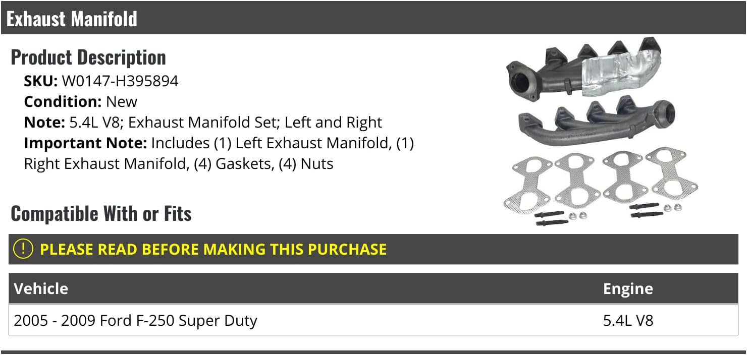 Exhaust Manifold Set of 2 - Compatible with 2005-2009 Ford F-250 Super Duty 5.4L V8