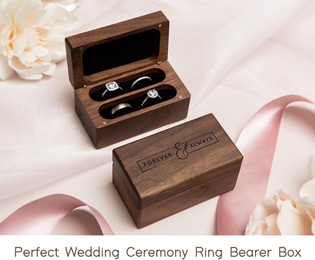 Engraved Walnut Quad Ring Box: "Forever & Always" Wood Ring Holder Case image 2