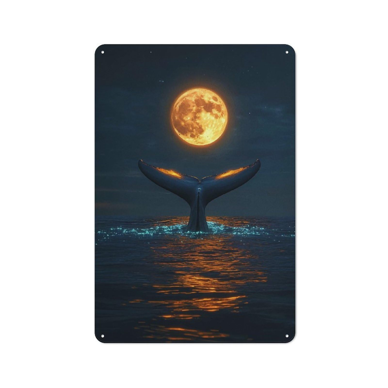 Junmoney Whale Tail Under Full Moon Creative Office Metal Sign 30X20cm, Office Wall Decor For Hobby Room, Office, Lounge Or Living Room