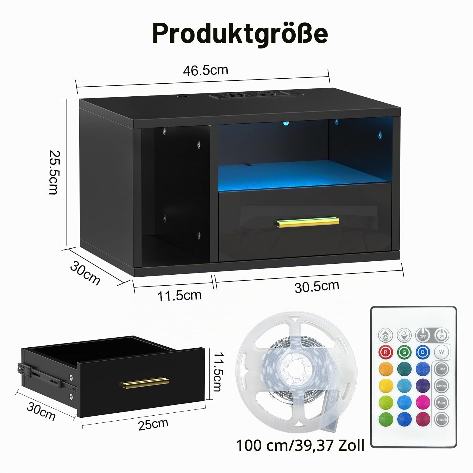 Nachttisch Hängend mit led, Nachttisch mit Ladestation, Nachtschrank Schwarz, Offenes Fach Und Einer Schublade, 46.5x30x25.5cm, 16 Farben LED, Modern, Wohnzimmer Schlafzimmer