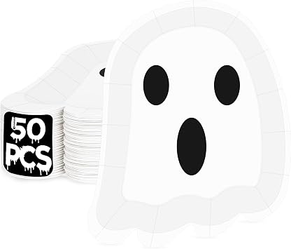 50 PCS Halloween Paper Plates, 7.6" X 6.8" Disposable Ghost Shaped Plates