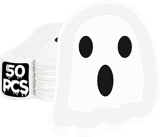50 PCS Halloween Plate, 7.6'' X 6.8'' Ghost Plates, Disposable Halloween Paper Plates with Ghost Design, White Spooktacular Party Plates for Terrifying Decorations Party Supplies Spider Web Decor