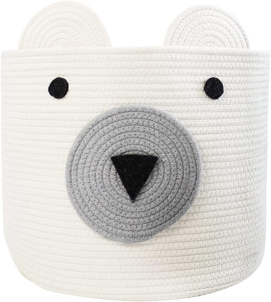 Foldable Woven Laundry Basket with Cute Bear Design - Large Capacity Decorative Organizer for Toys, Blanket, Towels, Clothes - White (16D x 14H inch)