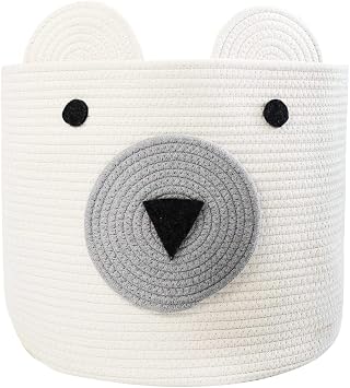 Foldable Woven Laundry Basket with Cute Bear Design - Large Capacity Decorative Organizer for Toys, Blanket, Towels, Clothes - White 16D x 14H inch