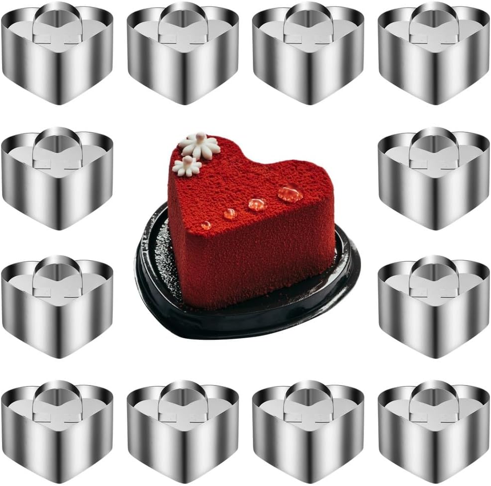 12-Piece Stainless Steel Heart-Shaped Mousse Ring Molds, With Pusher, For Molding Cakes, Biscuits, Desserts, And More, 3.15In X 1.46In