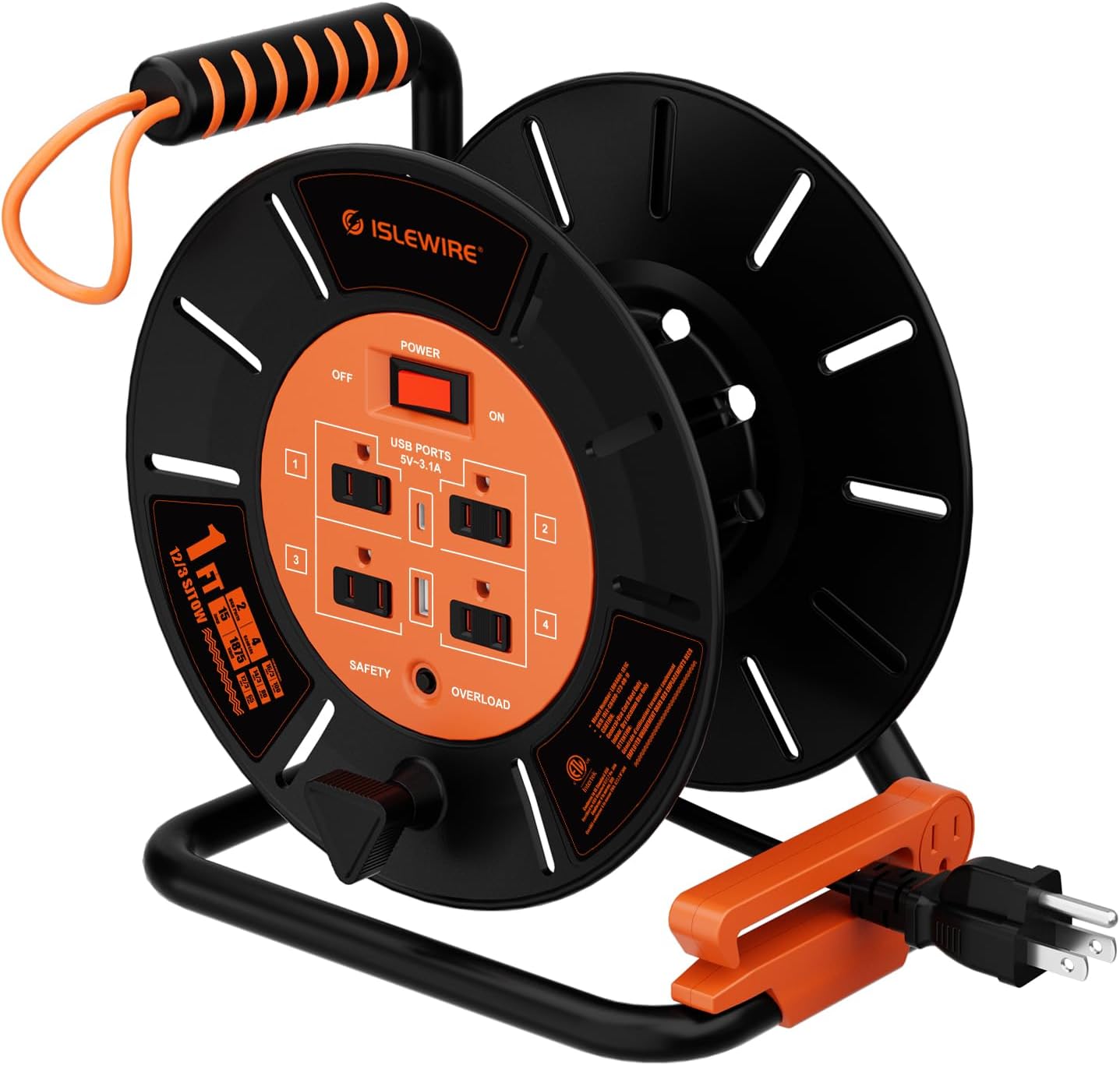 Extension Cord Storage Reel with 4-Grounded Outlets & 2 USB Ports, Heavy Duty Open Cord Reel for 12/3,14/3,16/3 Gauge Power Cord, Hand Wind Retractable, 15A Circuit Breaker, ETL Listed, Orange