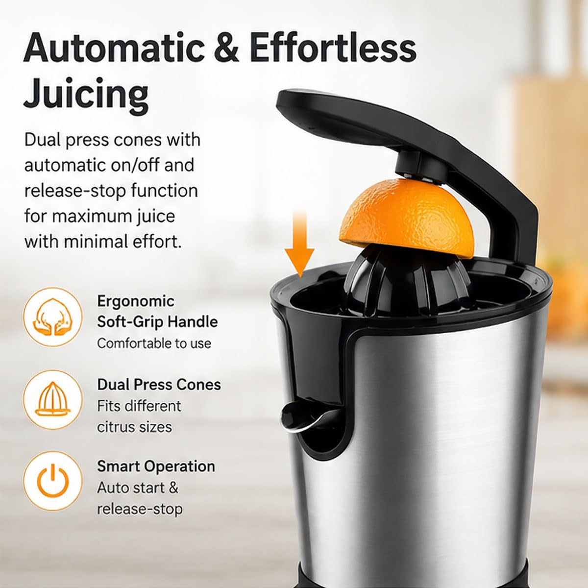 Exprimidor de cítricos eléctrico, exprimidor de jugo de acero inoxidable de 400 ml, exprimidor compacto para jugo fresco de naranja, limón, lima y pomelo en casa