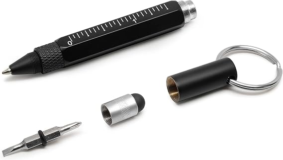ATECH The Original Multifunction Pen 5 in 1 Tech Handy Tool Pen with Key Ring, Stylus, 2 Screwdrivers, Rulers fit for Mens Gift, Survival (Black)