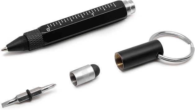 ATECH The Original Multifunction Pen 5 in 1 Tech Handy Tool Pen with Key Ring, Stylus, 2 Screwdrivers, Rulers fit for Mens Gift, Survival (Black)