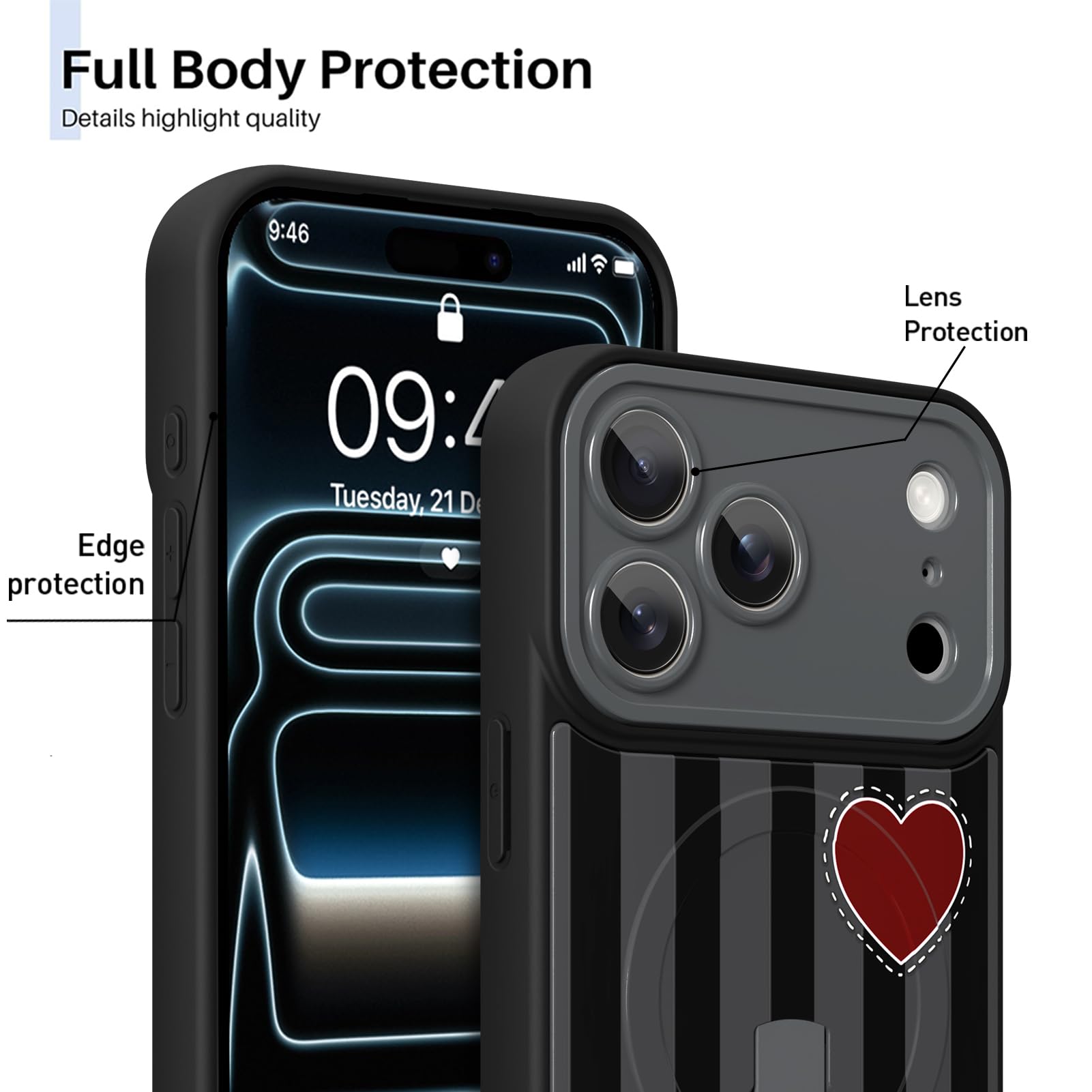 Custodia magnetica per iPhone 17 Pro Max, motivo a righe nere a forma di cuore, cinturino da polso integrato, supporto per mano e dita, compatibile con Magsafe, custodia protettiva completa per