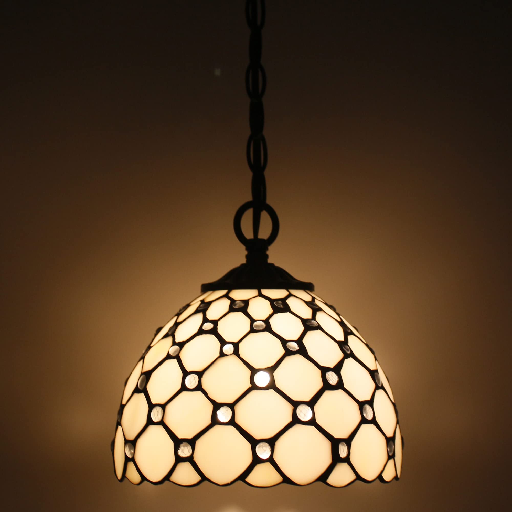 SYETL Small Tiffany Pendant Light Stained Glass Plug in Hanging Lamp 8 Inch Adjustable Height Hanging Chandelier Pendant Fixture for Home Kitchen Island Dining Room (Cream Pearl Bead Style)