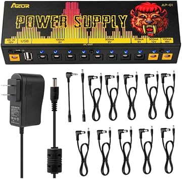 AZOR Tiger Guitar Pedal Power Supply, 10 Isolated DC Outputs, 9V 12V 18V, 100mA/300mA/500mA, Stable Power for Effects Pedalboards