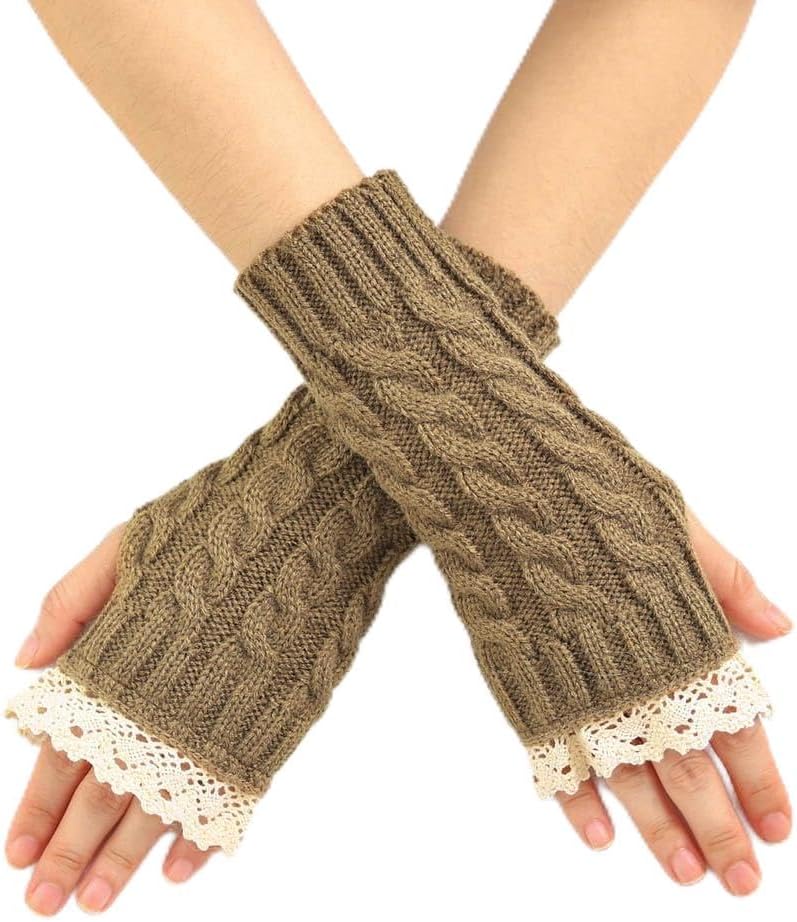 Urieo Lace Winter Arm Warmer Knit Fingerless Gloves Christmas Knitted Wrist Warmers with Thumb Hole for Women