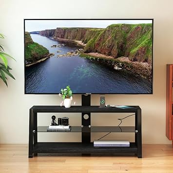 Wooden Storage TV Stand Black Tempered Glass Height Adjustable Universal Swivel Entertainment Center with Mount TV Stand Black + Glass+Metal