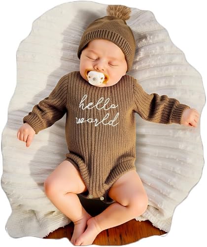 Infant Baby Sweater Romper and Hat Baby Girl Boy Knitted Sweatshirt Pullover Tops Fall Winter Clothes Baby Boy Girl Outfit Coffee
