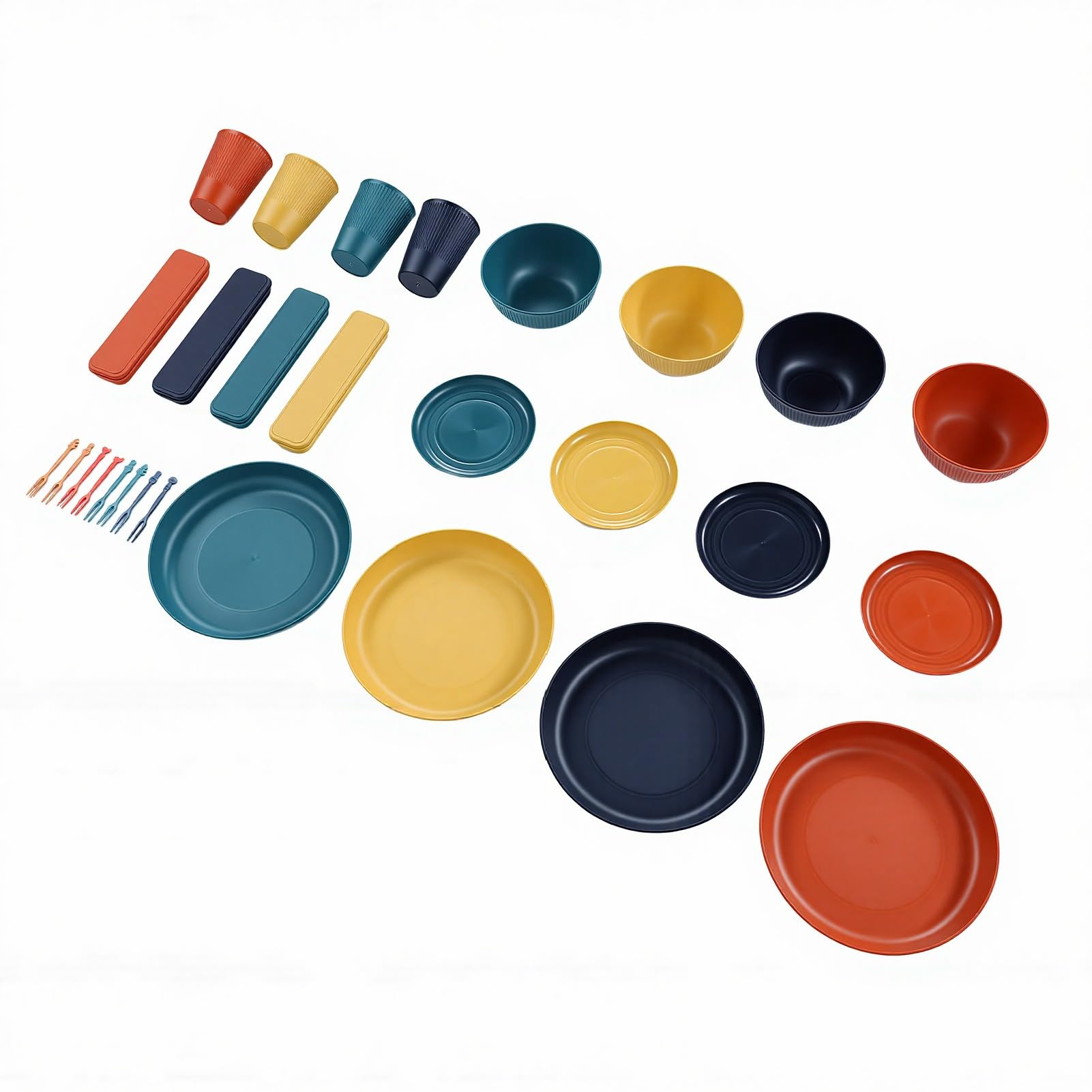 Bewinner Ensembles de Vaisselle Incassables pour 4 Personnes, Assiettes Légères, Bols, Tasses, Couverts – Passe au Lave-vaisselle et au -ondes, Empilable et Réutilisable pour Voyage, Camping,