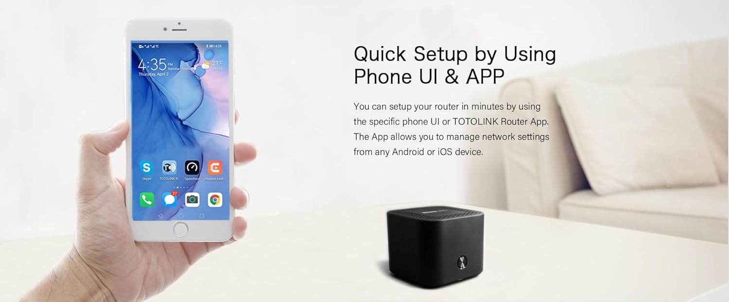 Smartphone displaying Totolink router app for quick setup