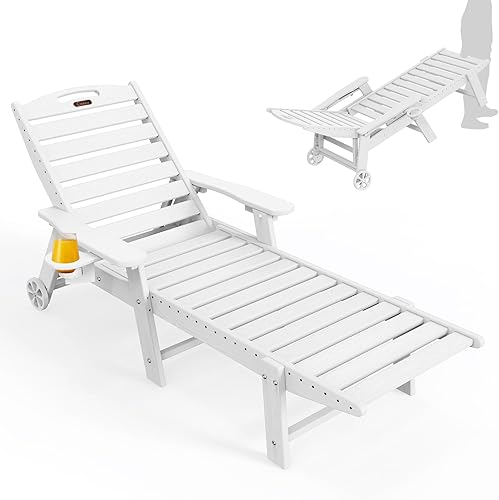Tumbona de exterior extragrande con 5 posiciones, de polietileno de alta densidad (HDPE), con ruedas y portavasos, para patio, terraza, piscina o