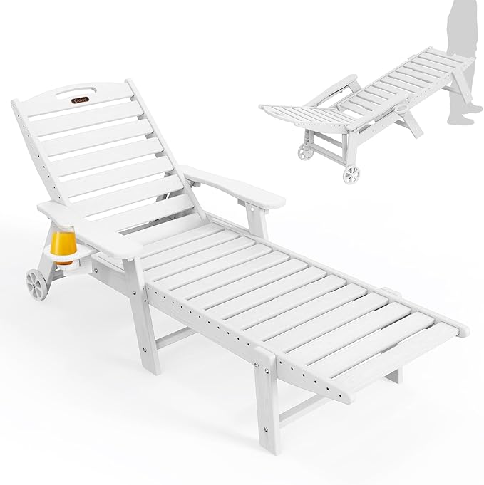 Lounge Chair Outdoor, Oversized Chaise Lounge Chair with 5 Positions, HDPE, Patio Lounge Chair with Wheels & Cup Holder for Pool, Deck, Poolside, White