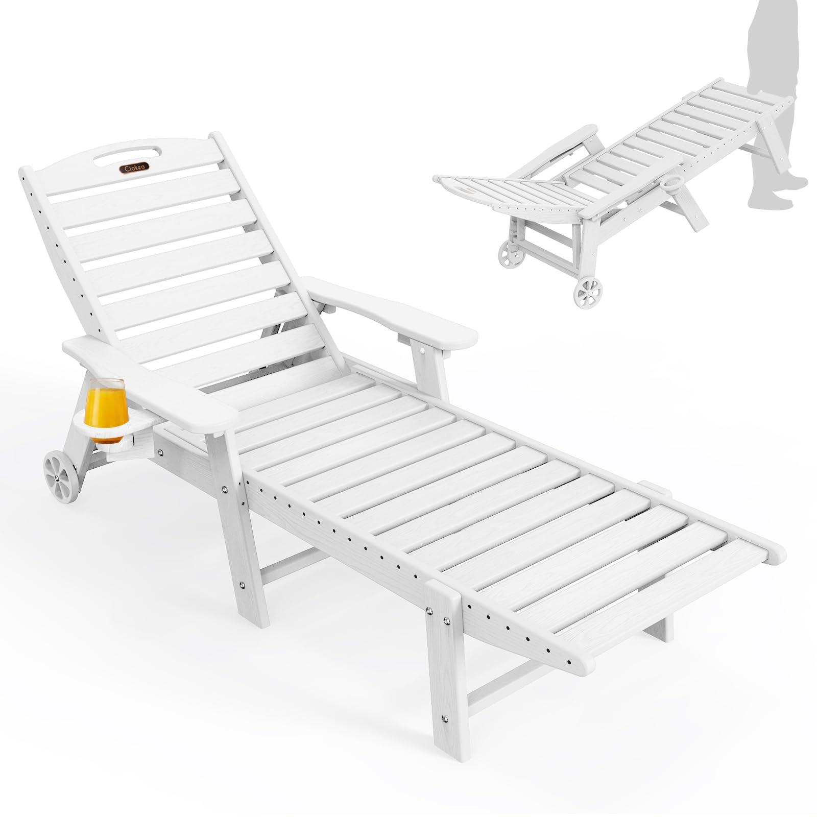 Lounge Chair Outdoor, Oversized Chaise Lounge Chair with 5 Positions, HDPE, Patio Lounge Chair with Wheels & Cup Holder for Pool, Deck, Poolside, White