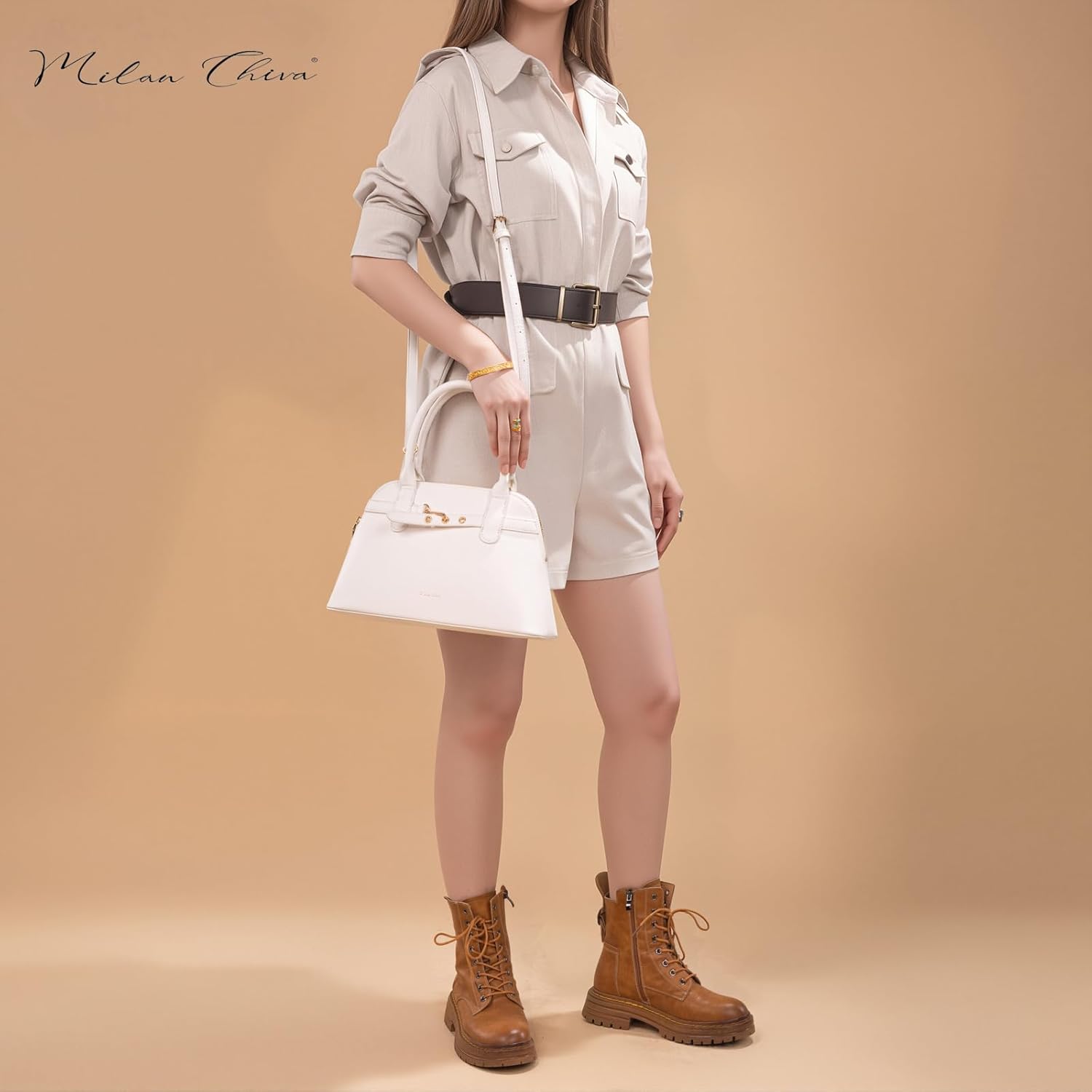 Milan Chiva Dome Satchel Purse for Women Textured Top Handle Designer Crossbody Bag with Belted Detailing - Image 7