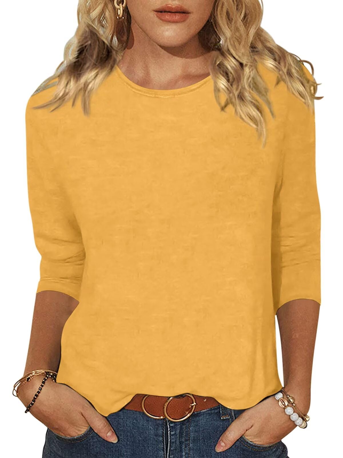 Minetom T-Shirt Damen 3/4 Arm Shirt Rundhals Tshirt Sommer Leichte Pullover Oberteil Einfarbig Basic Tee Tops