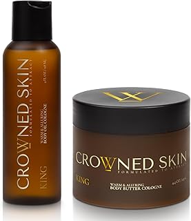 Crowned Skin King Body Butter Cologne and Body Oil Cologne Bundle | New Moisturizing Formula | Skin Care Set with Warm Sandalwood & Leather Scent | Natural Shea & Mango Butter | All-Day Fragrance