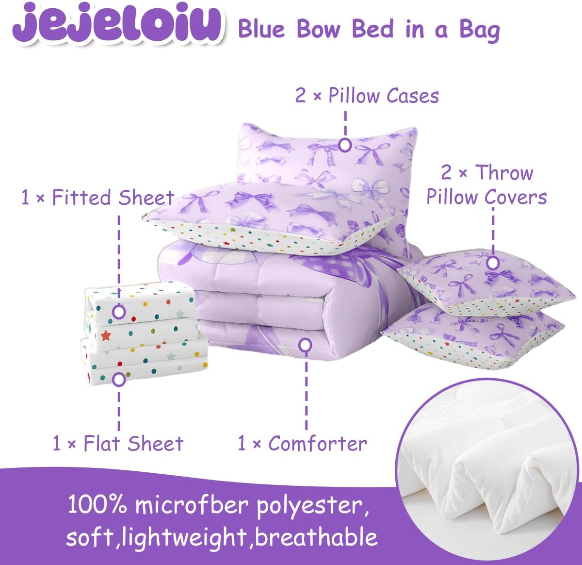 jejeloiu Purple Bow Bow Cute 7 Pieces Bedding Set Full Size Girls Kids Boys image 2