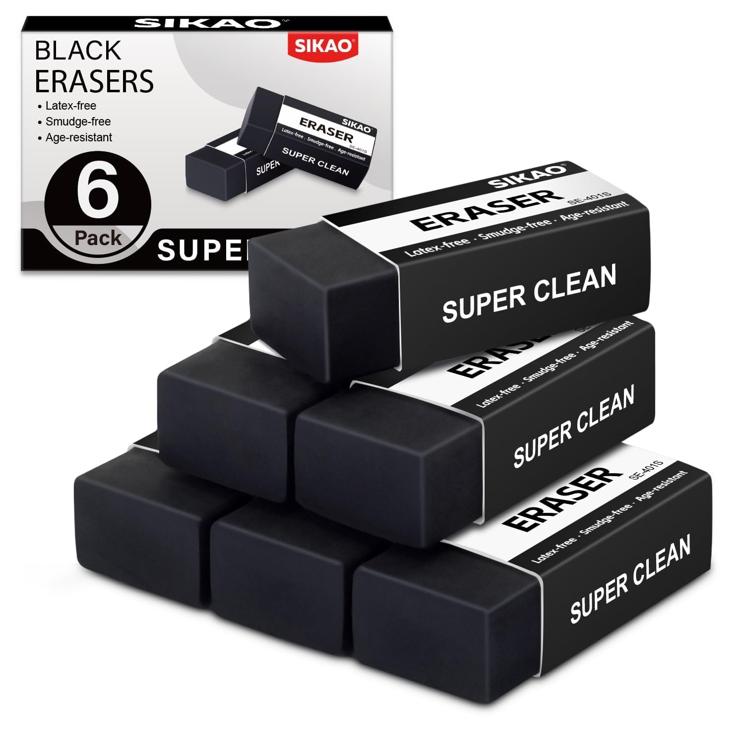 Black Erasers, 6 Pack Block Pencil Erasers – Smudge-Free Latex-Free Art Erasers for Kids & Adults Artists, Clean Erase for School, Homework, Office & Drawing