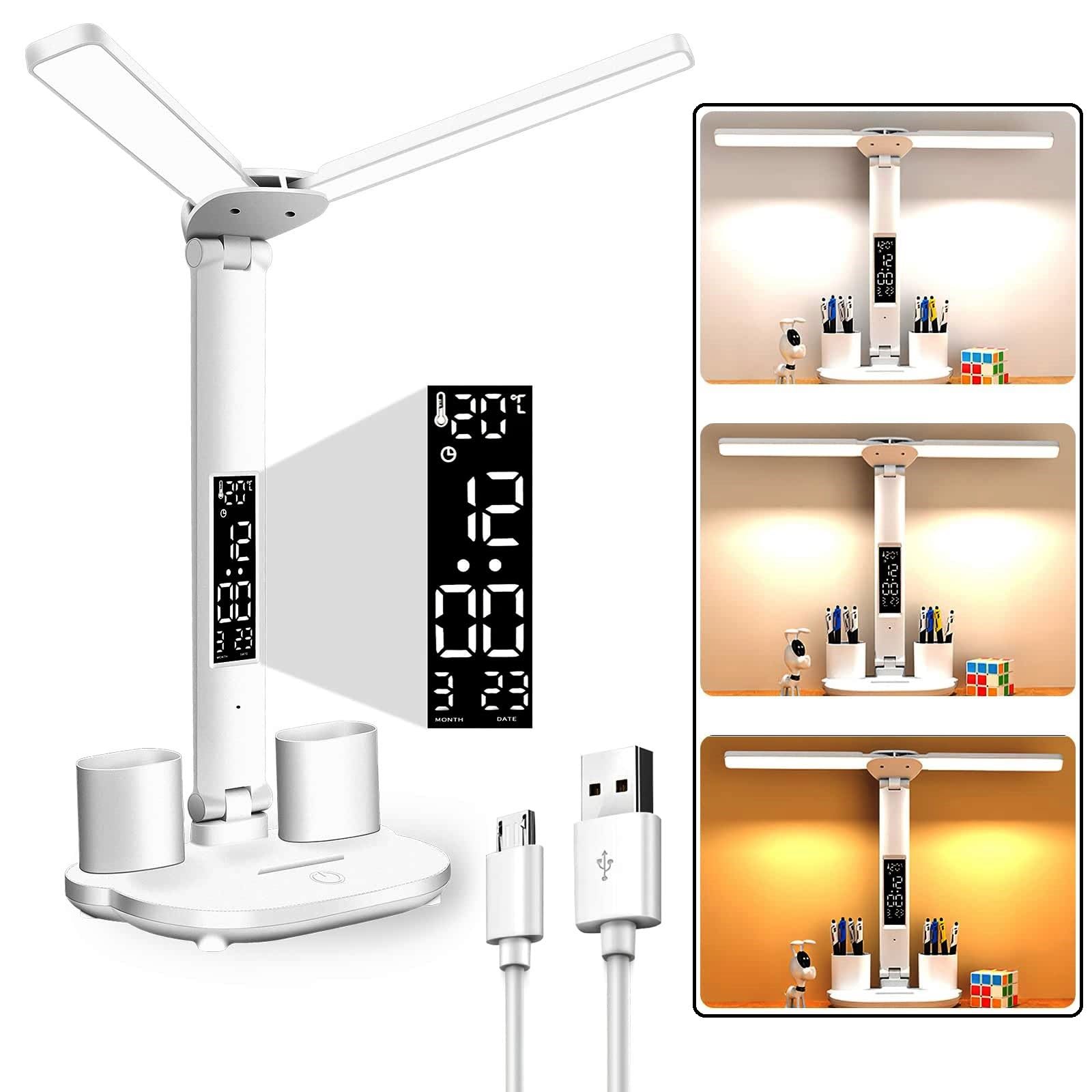 Double Head LED Desk Lamp, Foldable Table Lamp with Smart LED Digital Temp/Time/Date Display, Touch Control with 3 Color Modes, a Study Reading Lamp with USB/Battery Charging Port for Home & Office
